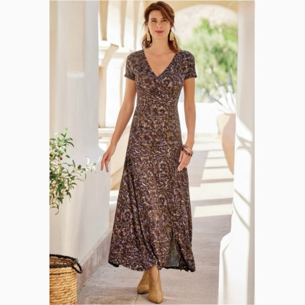 Soft Surroundings Caity Maxi Dress Faux Wrap SZ Large 14/16 Abstract Jersey Knit
